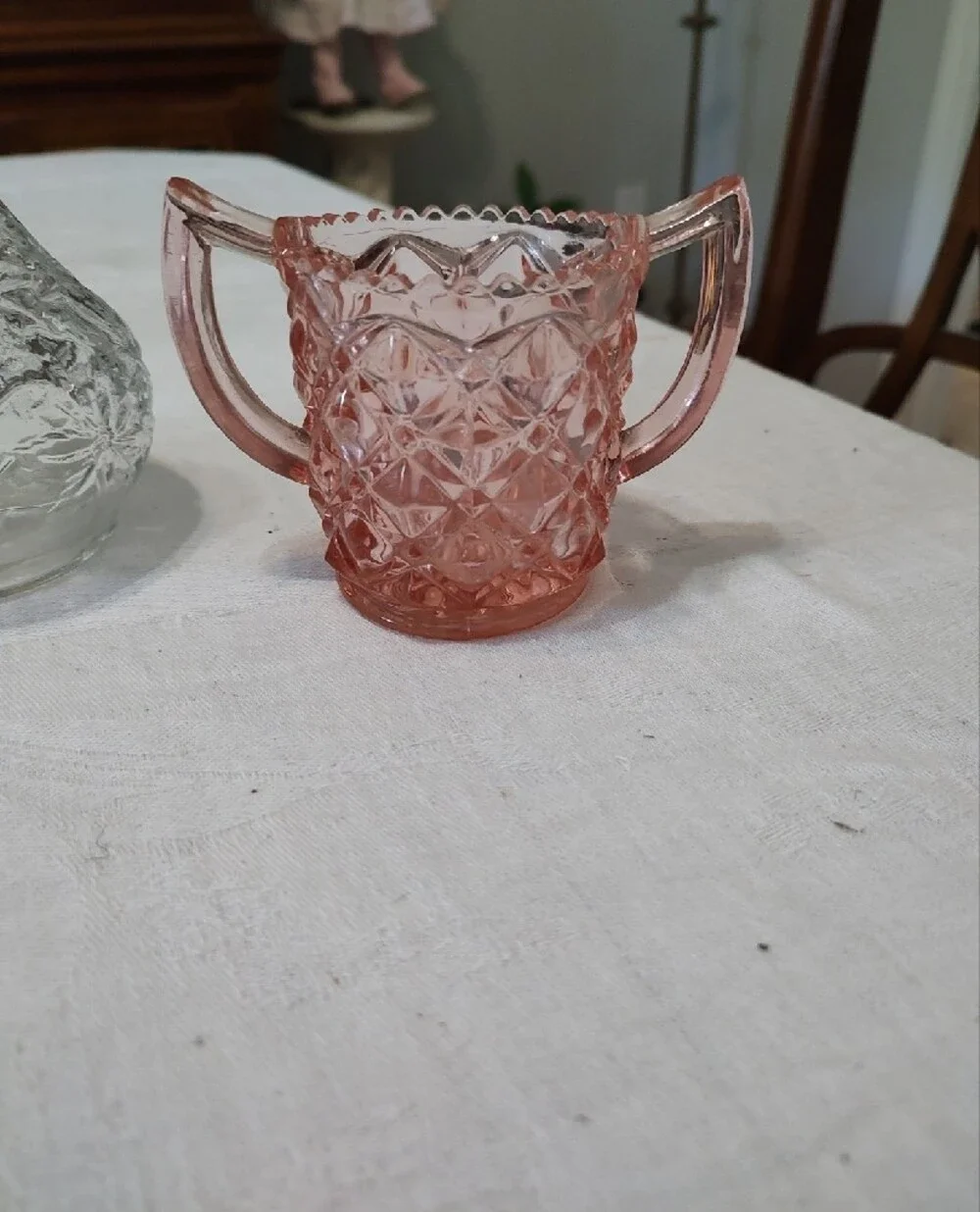 Vintage Pink Glass Sugar Bowl, A Vase And Cruet.
